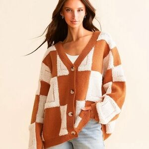 Cozy Brown and White Checkered Cardigan